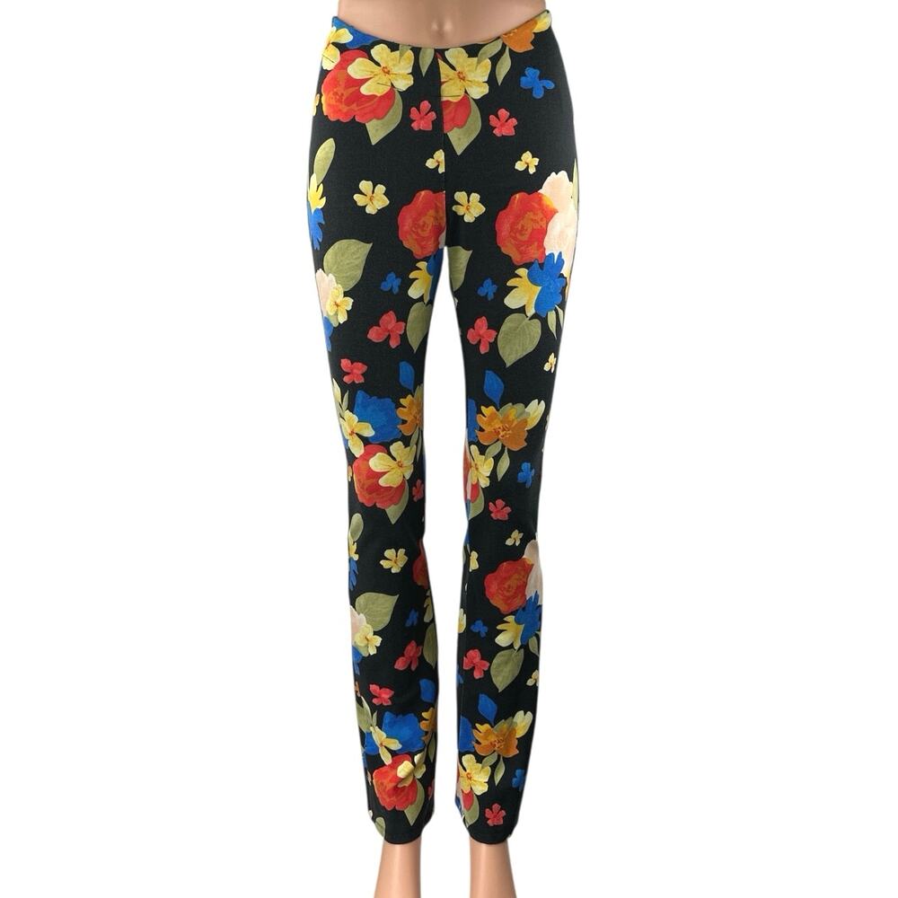 Danielle Bernstein Black Multicolor Floral Flared Leg Trousers Leggings Pants 4